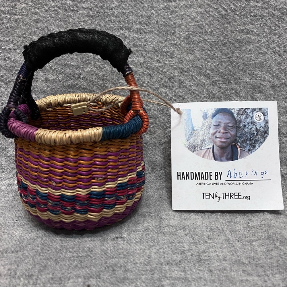 Ghana Bolga Basket Mini Tiny Gratitude Small Multicolor Handmade Leather Handle